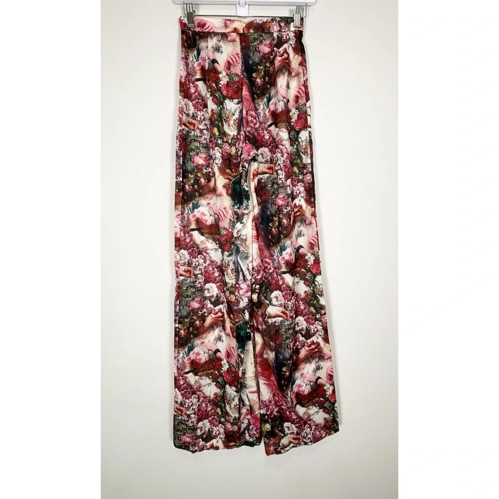 Pretty Little Thing Red Green Floral Renaissance Wide Leg Lightweight Trouser